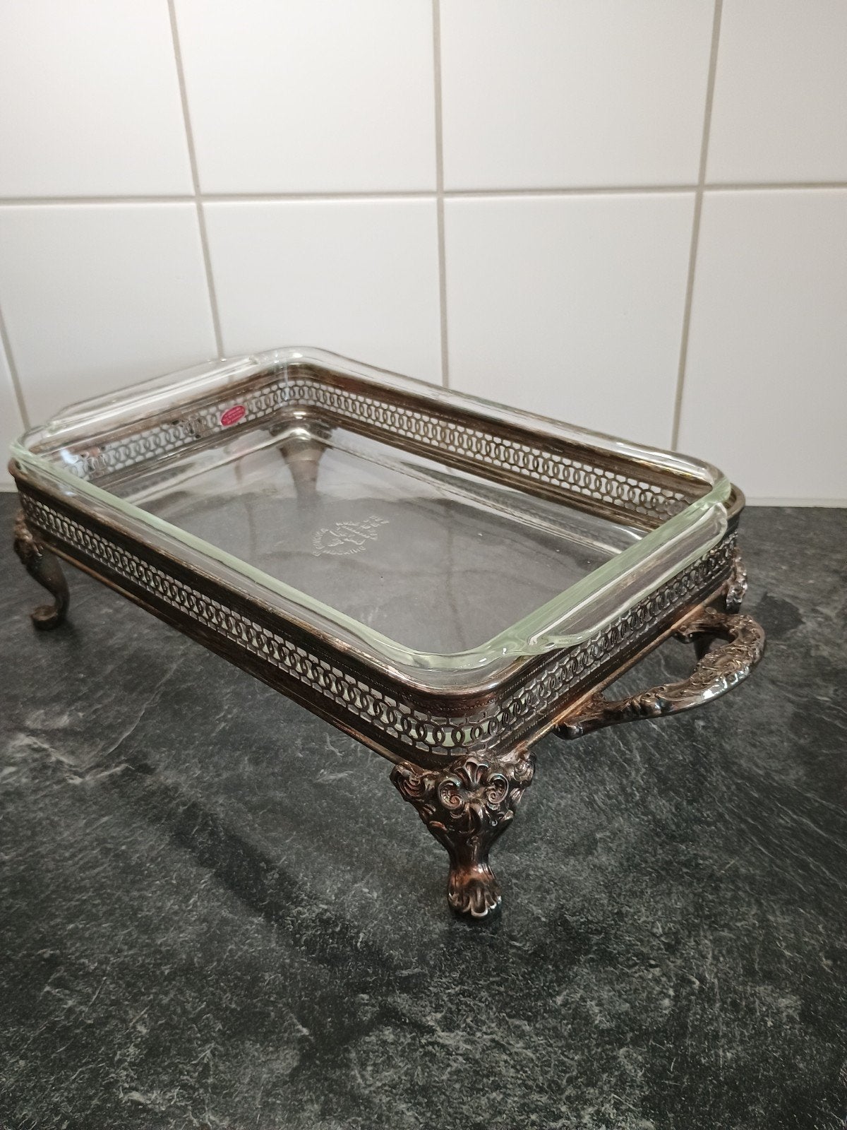 Zilveren schaal met glazen ovenschaal - Newport by Gorham, Ophalen