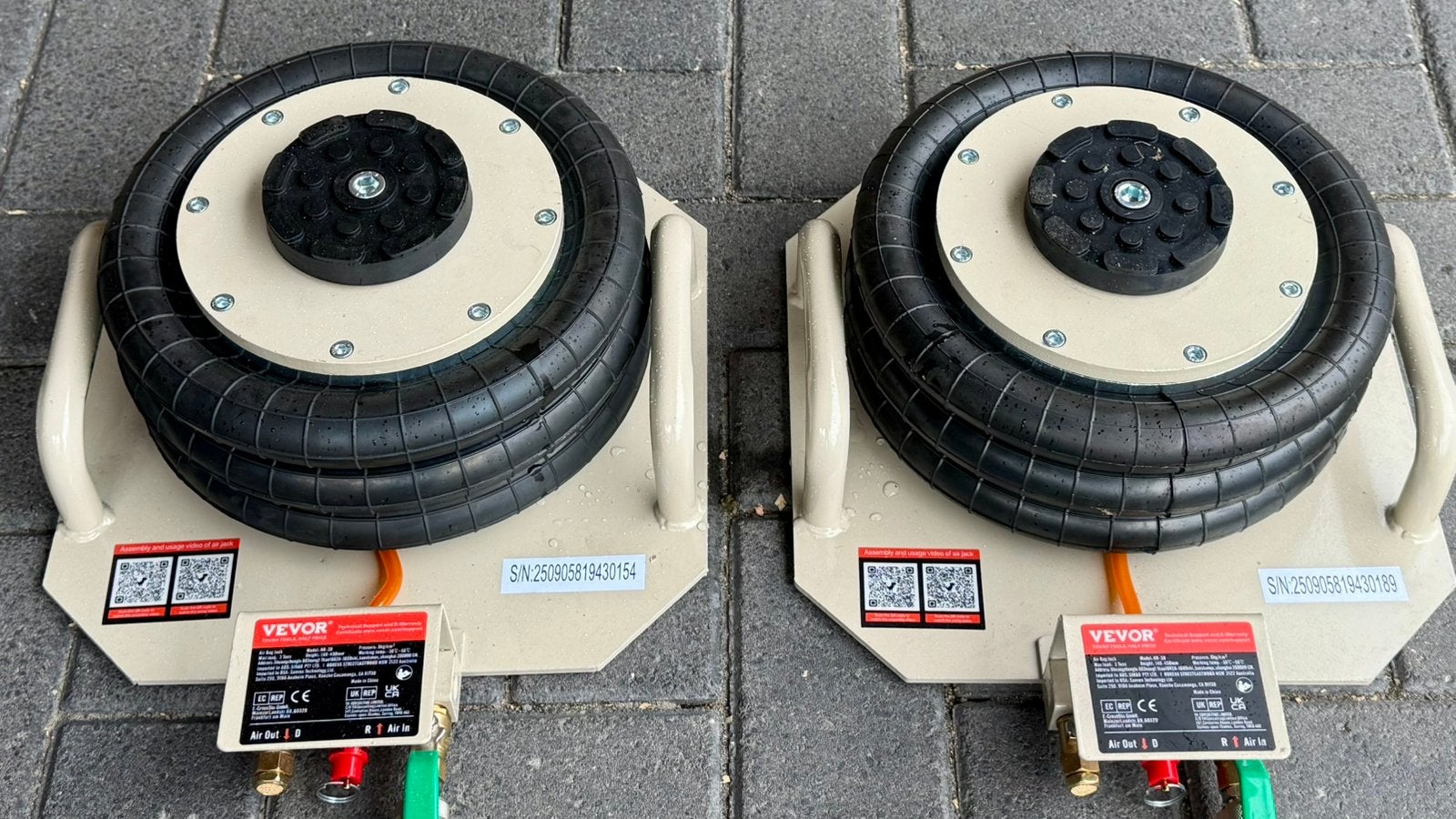 Set van 2 Air-Jacks, 3 ton, pneumatische krikken, Ophalen, Zo goed als nieuw, Pneumatisch, Garagekrik