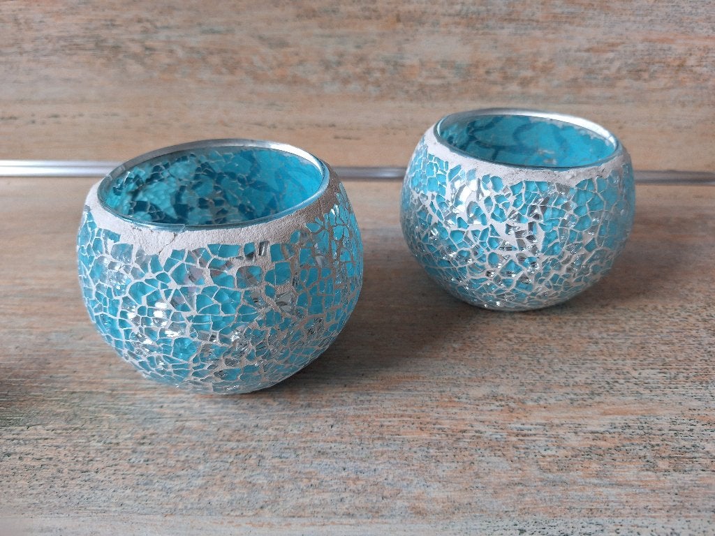 2 Turquoise Waxinelichthouders - Mozaïek Glas NIEUW, Ophalen, Blauw, 7 cm, Waxinelichthouder