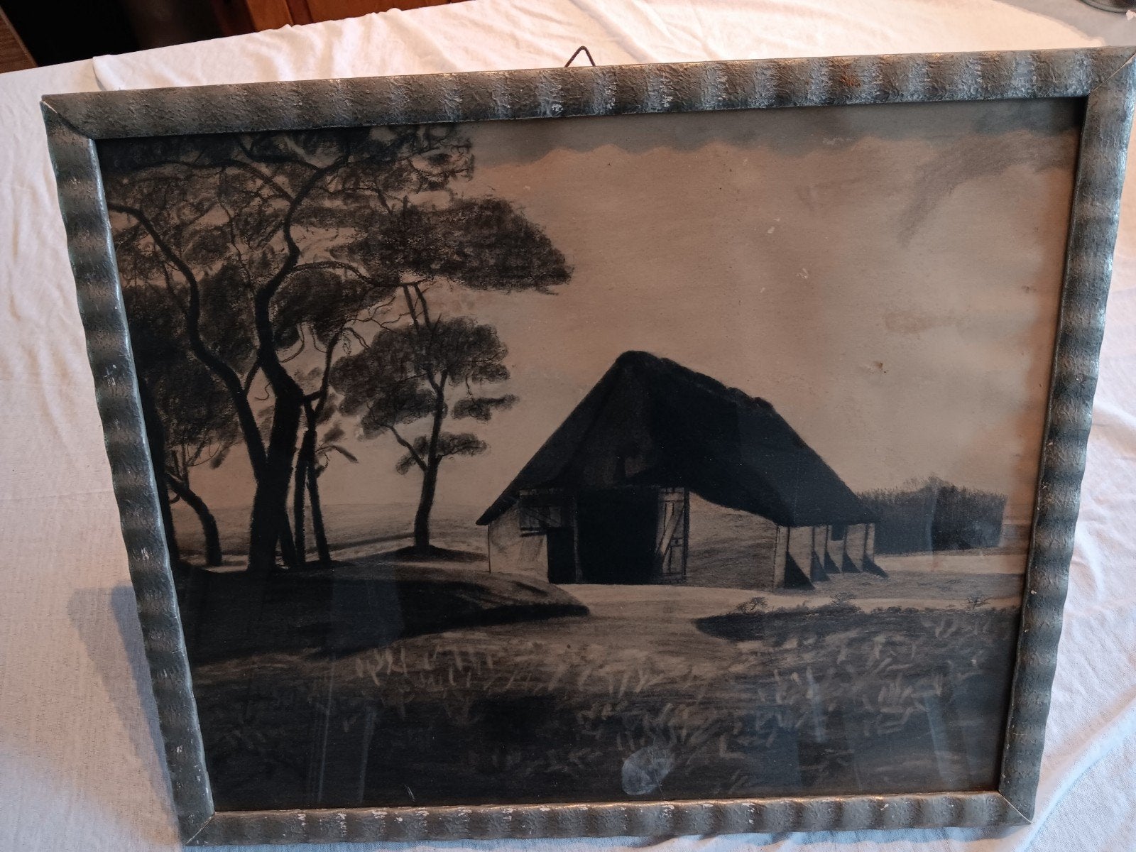 Schilderij - Schaapskooi Ede - Ginkelse heide, Ophalen, Tekening, Potloodtekening, Ingelijst