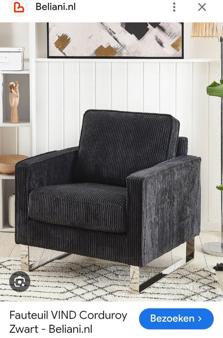 Zgan Beliani fauteuil zwarte ribstof, Ophalen, Zo goed als nieuw, 75 tot 100 cm, 50 tot 75 cm
