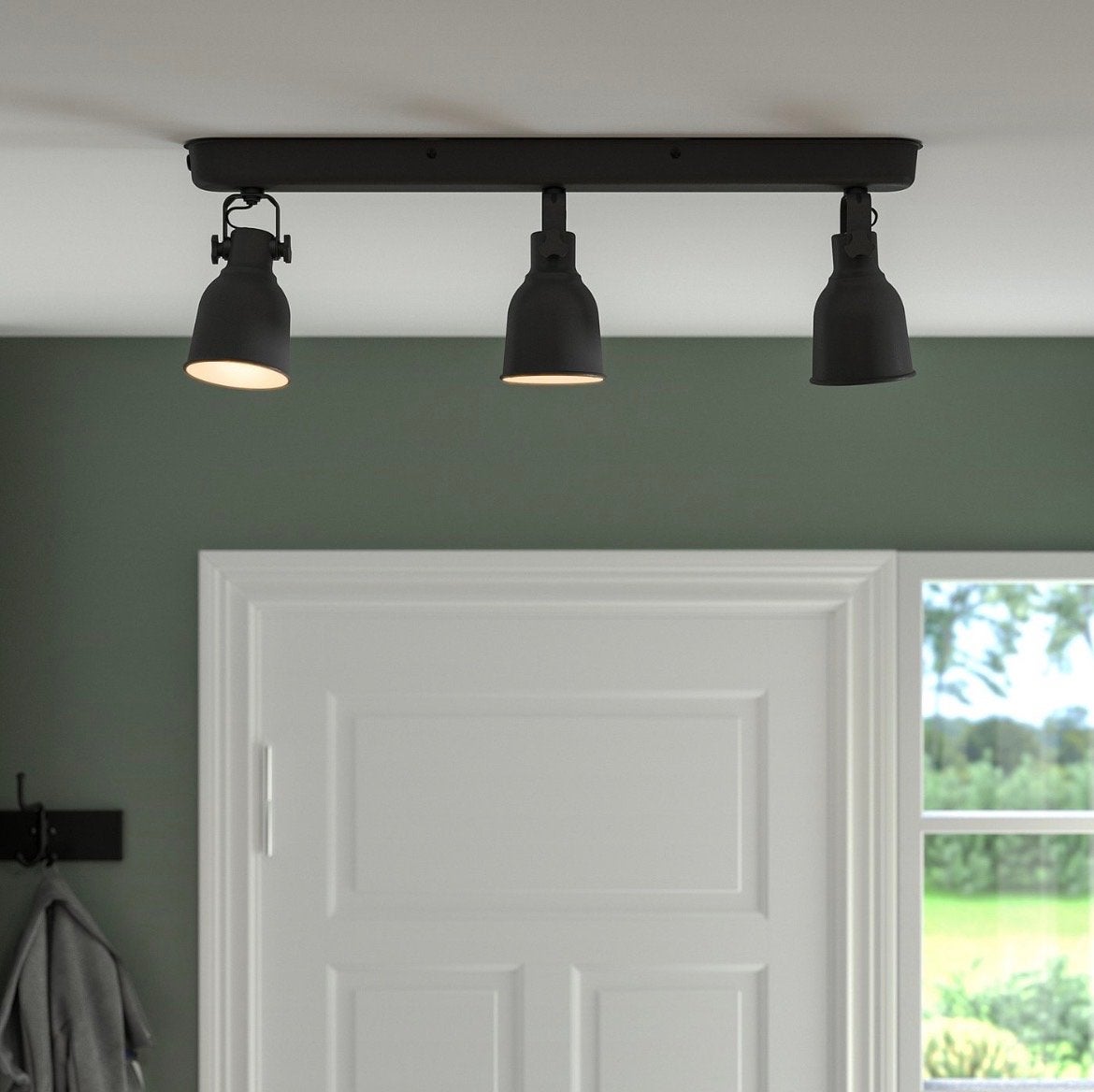 IKEA HEKTAR plafondrail met 3 verstelbare spots donkergrijs, Huis en Inrichting, Lampen | Spots, Gebruikt, Metaal of Aluminium