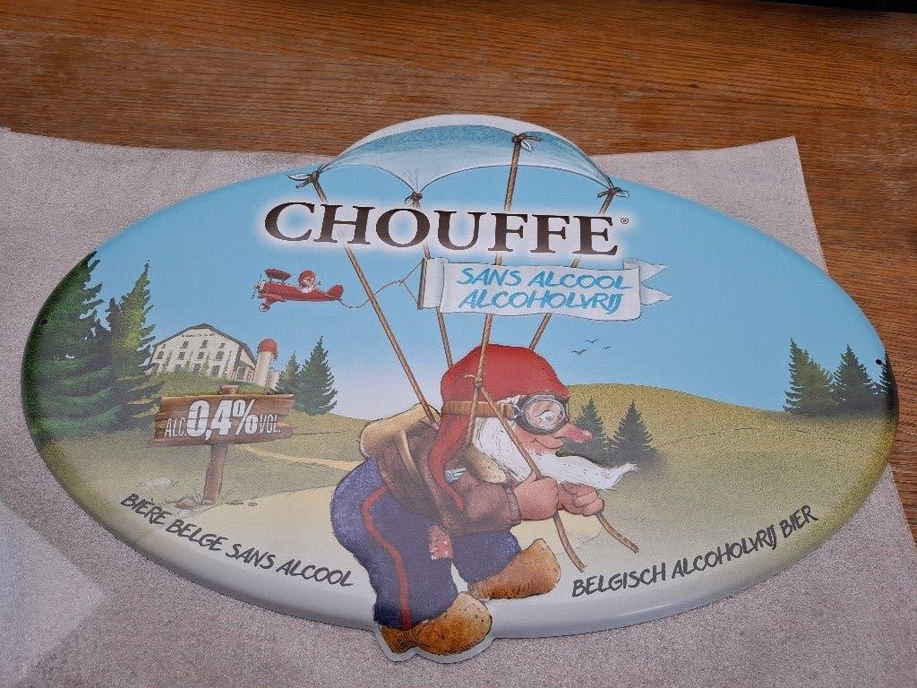 Reclamebord Chouffe (kabouter met parachute), Ophalen of Verzenden, Nieuw, Reclamebord, Plaat of Schild, Overige merken