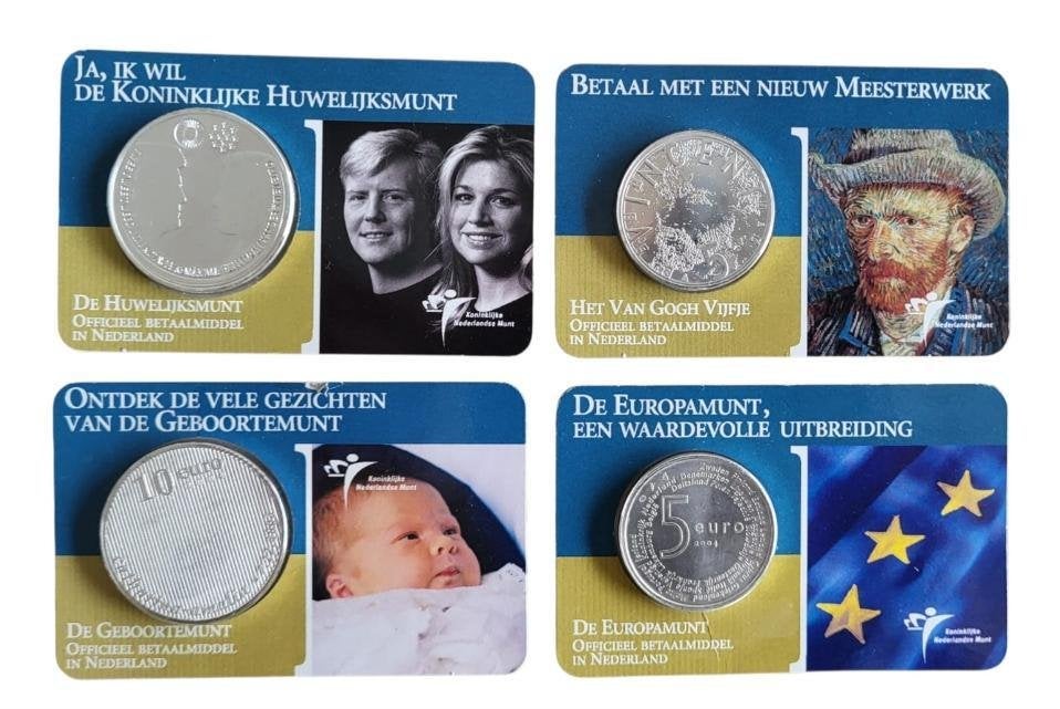 Nederland set 1e 4 coincards 5 en 10 Euro 2002 t/m 2004, Setje, Koningin Beatrix, Zilver, Euro's