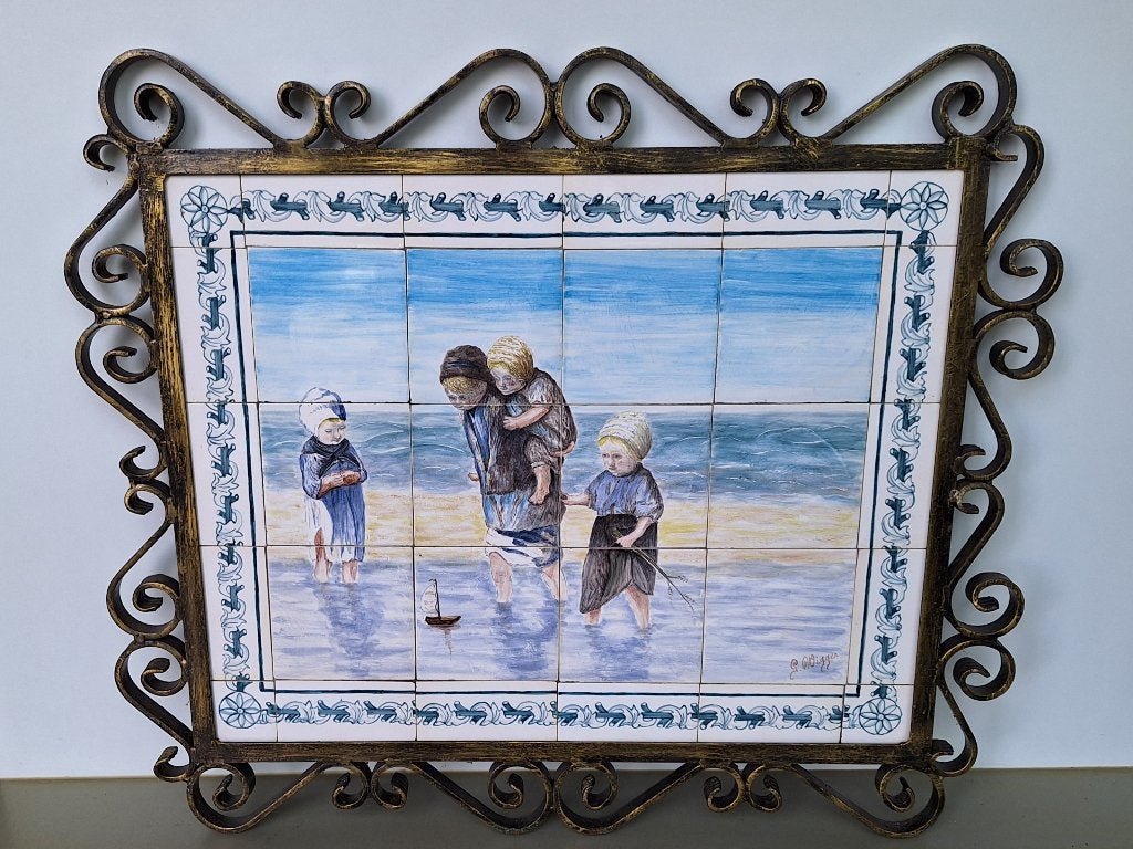 vintage 12-pas tegeltableau met rand-tegels, strandgezicht, Verzamelen, Retro, Ophalen, Huis en Inrichting