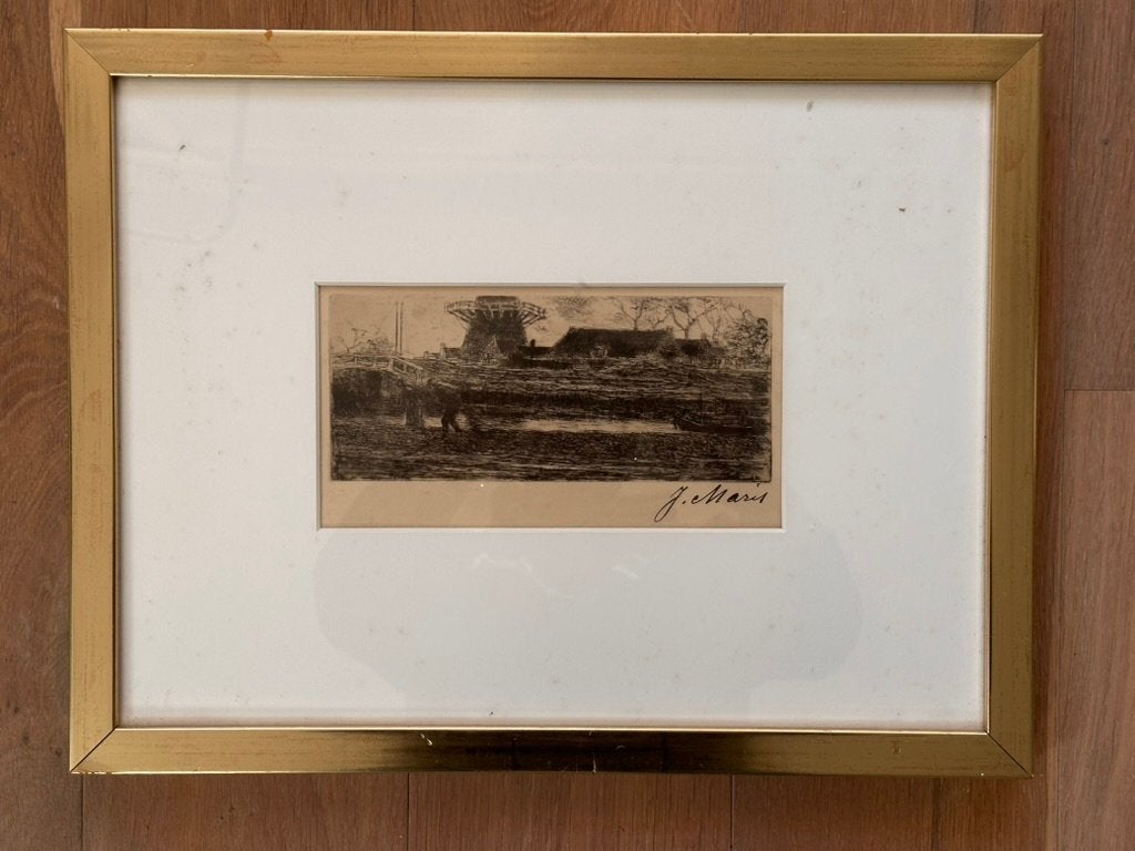 Jacob Maris: ets molen en boerderij aan het water, Ophalen of Verzenden, Ets