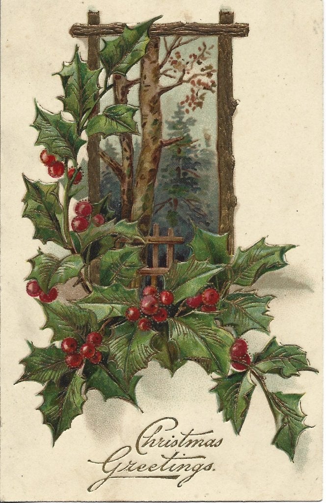 Kerst*Antiek*Relief*Hulst*Brocante, Verzamelen, Ophalen of Verzenden, Voor 1920, Gelopen, Feest(dag)