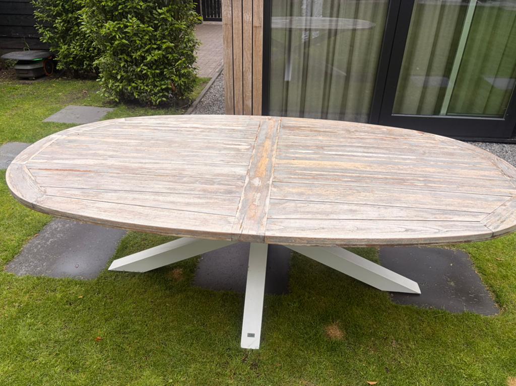 Grote Ovale Teakhouten Tuintafel met Wit Onderstel, Ophalen, Gebruikt, Ovaal, Teakhout