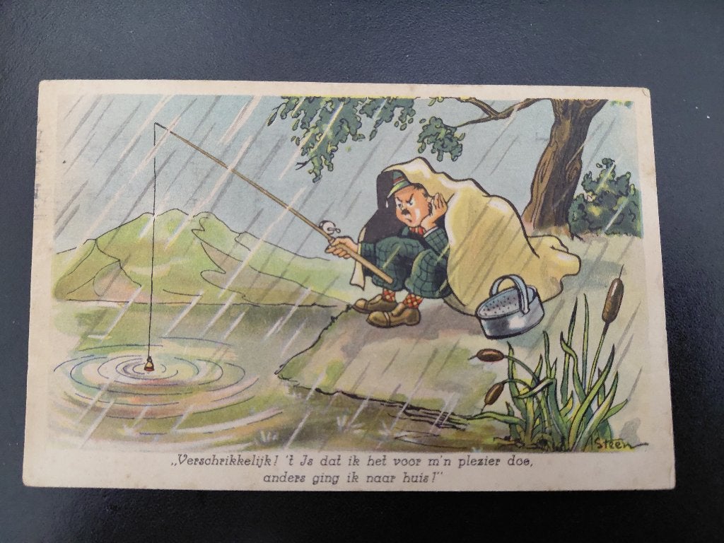Pax Steen, Visser zit te vissen in stromende regen, gelopen., Verzenden, 1940 tot 1960, Gelopen