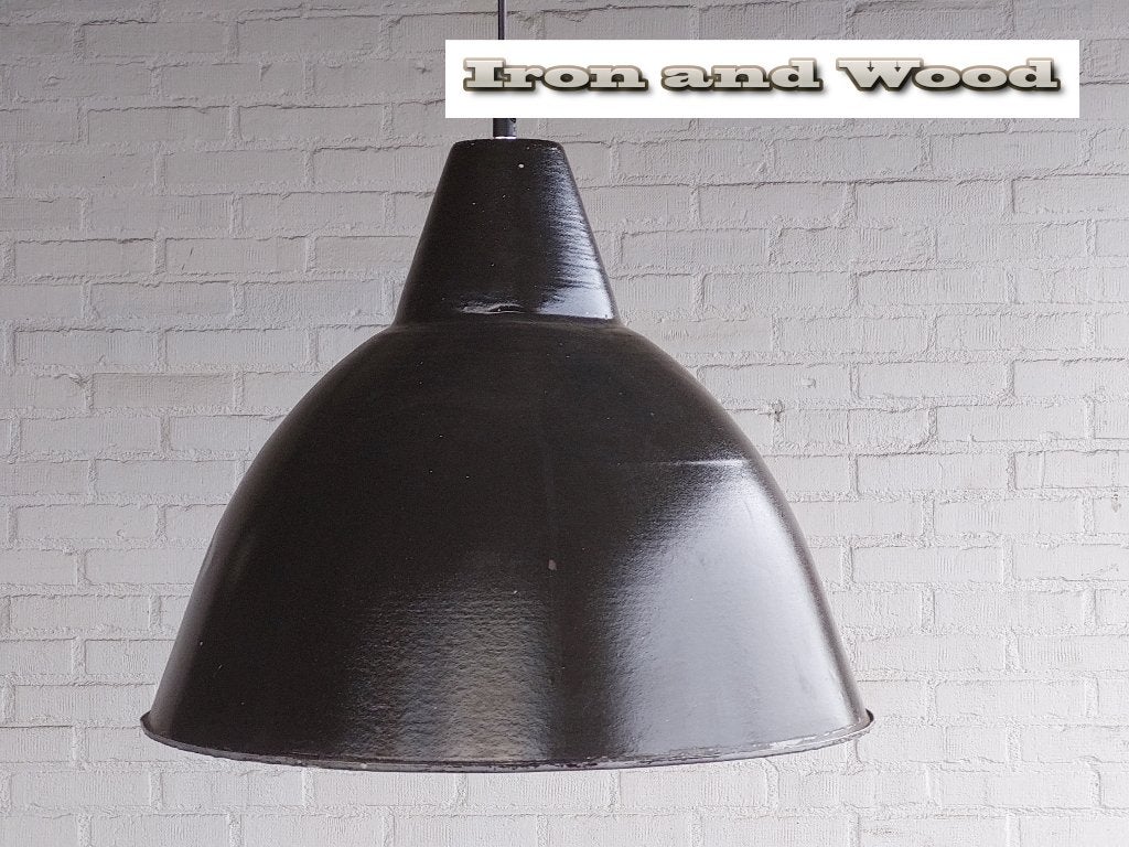 Oude brocante vintage zwarte emaille lamp afmeting D44 H38, Ophalen of Verzenden