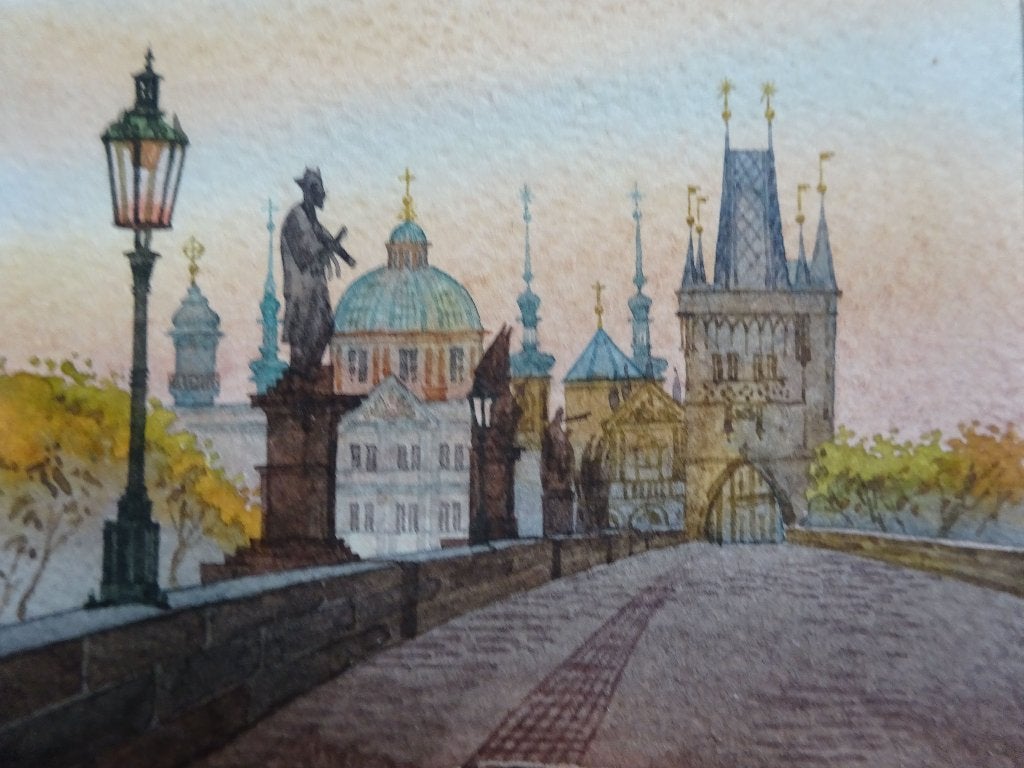 Keizer Karelsbrug Praag aquarel Nik. J., Ophalen