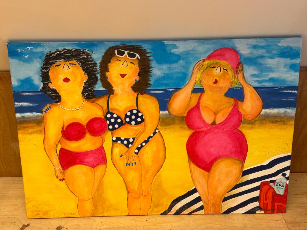 Schilderij “Stevige dames op het strand” w van t hof 2015, Antiek en Kunst, Ophalen