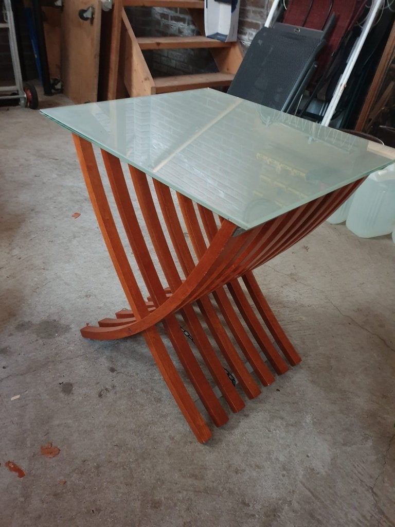 Tafeltje met melkglas tafelblad inklapbaar, Minder dan 55 cm, Gebruikt, Rechthoekig, Hout