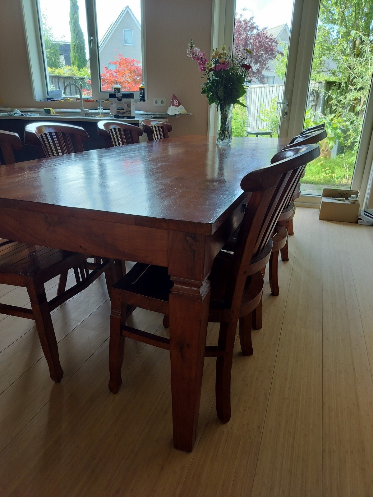Mooie teakhouten eettafel met 8 stoelen, Ophalen, Gebruikt, 4 tot 6 stoelen