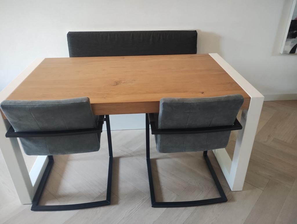 Eiken eettafel met stalen frame, Ophalen, Gebruikt, 50 tot 100 cm, 150 tot 200 cm