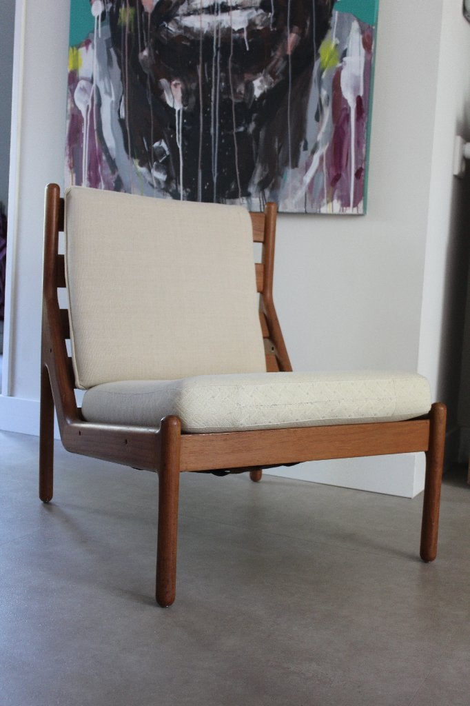 Vintage Mid Century fauteuil - Scandinavisch / Deens teak, Ophalen, Gebruikt, 75 tot 100 cm, Deens Scandinavisch Teak Mid Century Minimalistisch