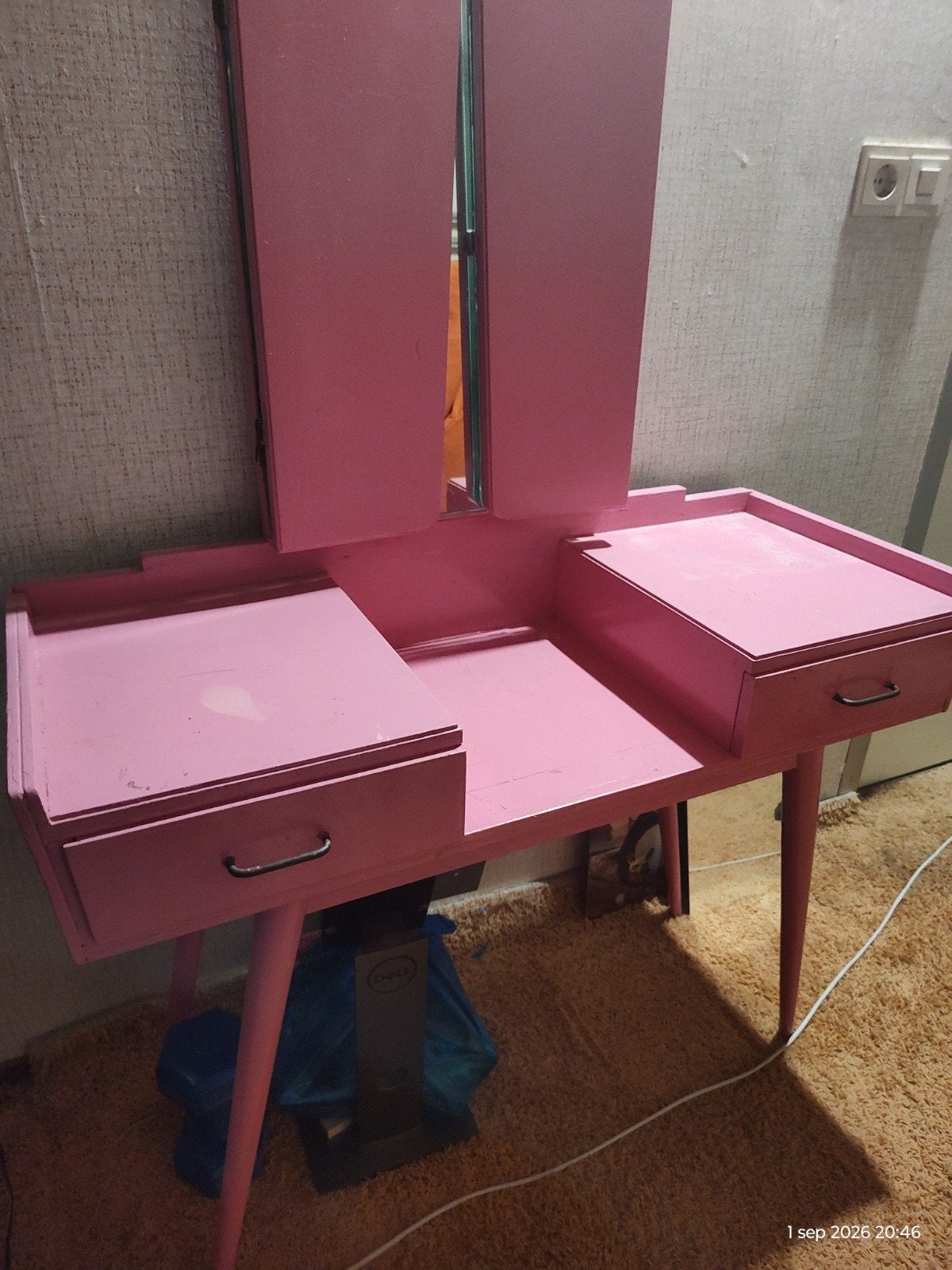 Roze kaptafel met spiegel en lades, Ophalen, Gebruikt, 100 tot 150 cm, 100 tot 150 cm