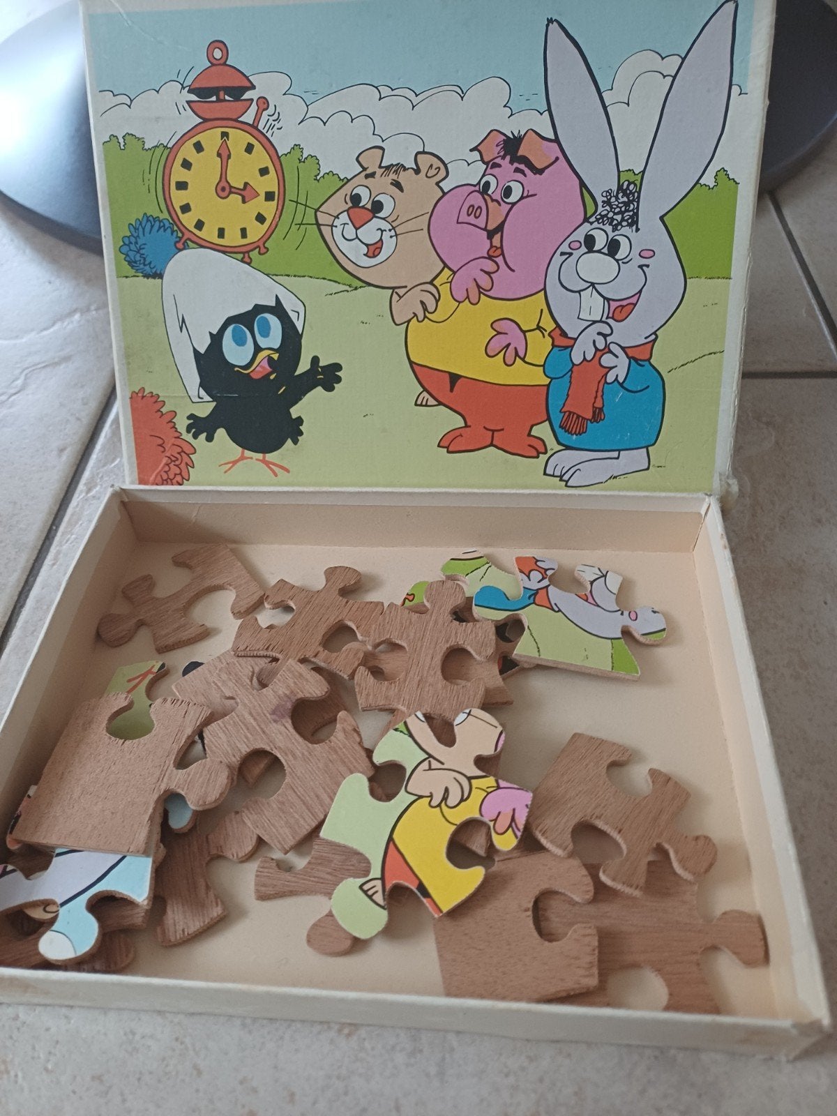 Vintage houten Calimero legpuzzel - 20 stukjes, 2 tot 4 jaar, Gebruikt, 10 tot 50 stukjes, Ophalen of Verzenden