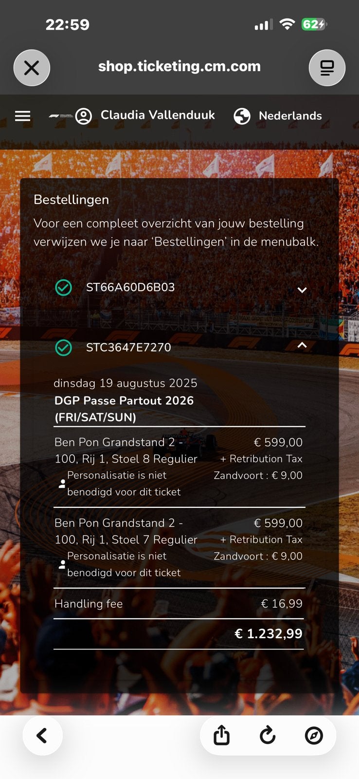 F1 Zandvoort Ben Pon grandstand te koop, Eén persoon, Overige soorten