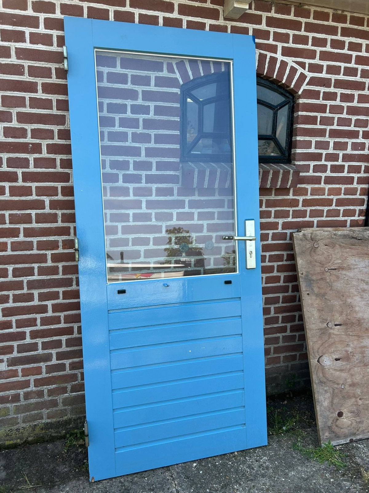 Hardhouten achterdeur 87,5x201,5cm., Doe-het-zelf en Verbouw, Deuren en Horren, Ophalen, 80 tot 100 cm, 200 tot 215 cm, Glas