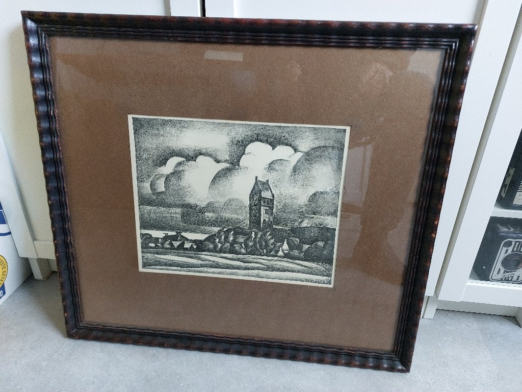 Litho "Gezicht op Stiens" van Jelle Troelstra, 1926, Antiek en Kunst, Met glas, Ophalen of Verzenden, Landschappen, Lithografie