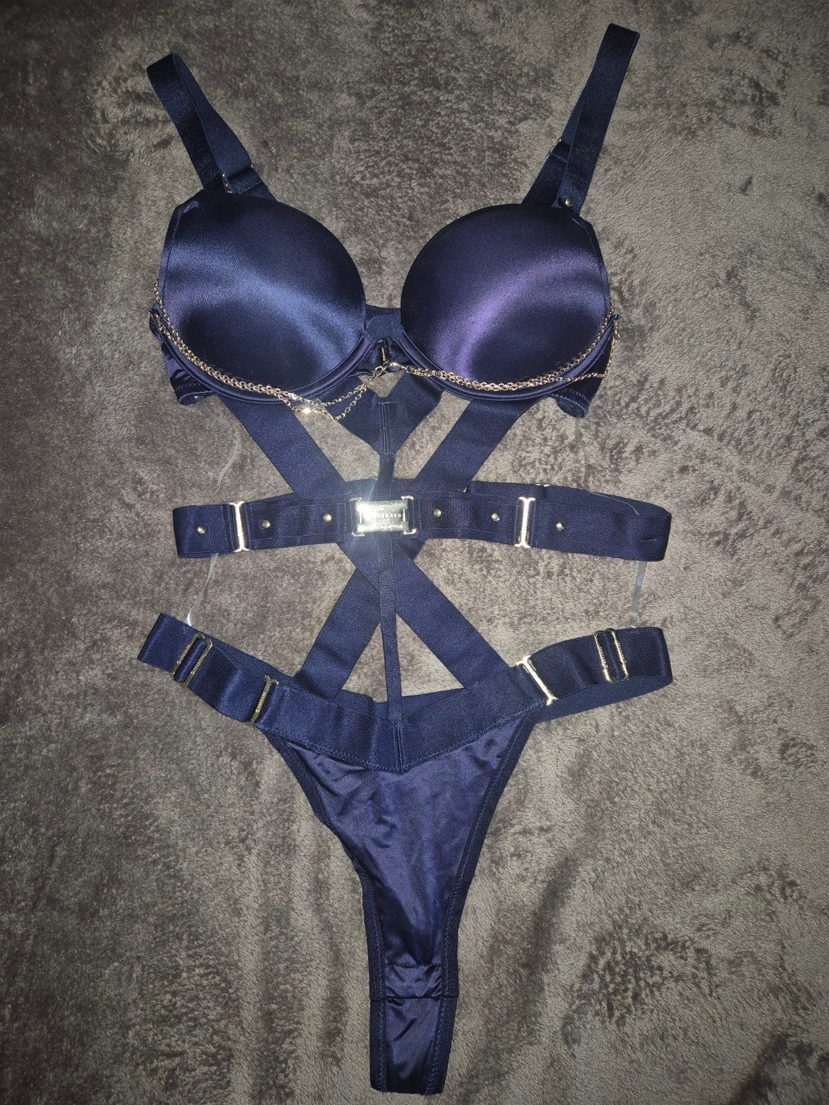 Nieuw! Sexy donkerblauwe lingerie set met goude details, Verzenden, Blauw, Setje