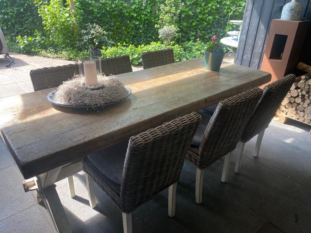 Massief eiken kloostertafel met 6 stoelen, Huis en Inrichting, Tafels | Eettafels, Ophalen, Gebruikt, Eikenhout, 200 cm of meer