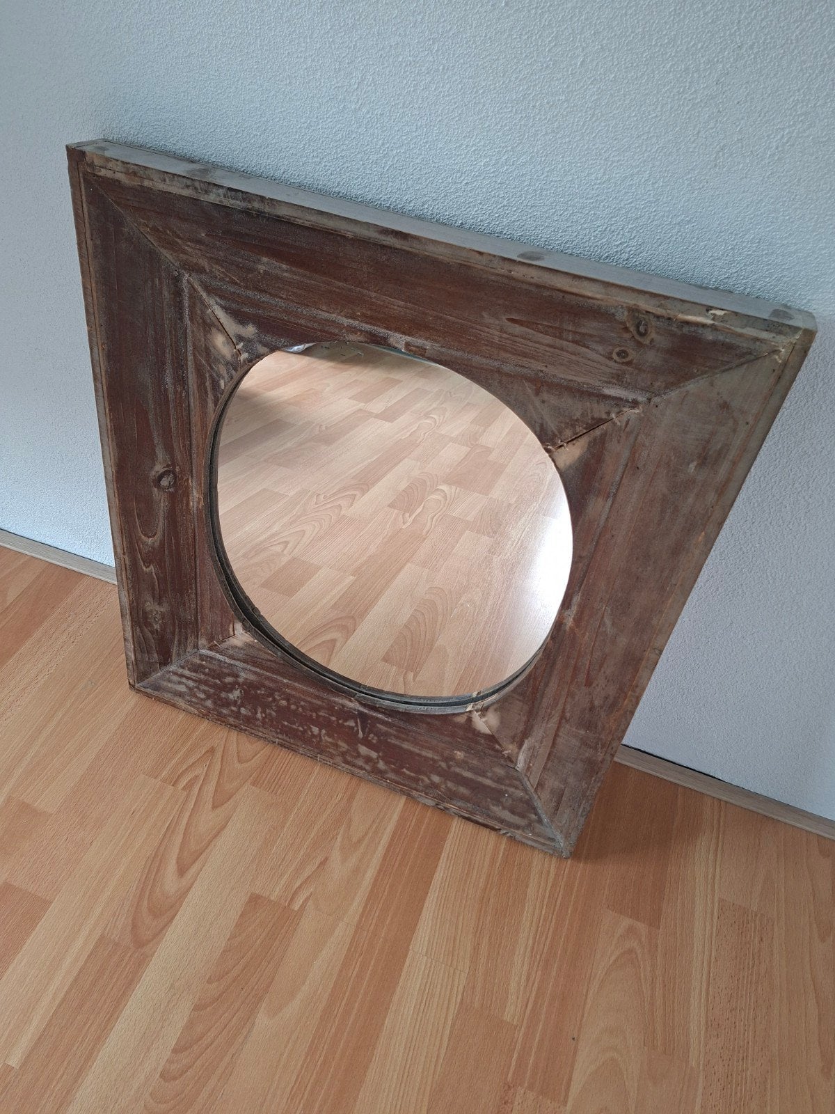 Unieke houten spiegel met ronde opening, Ophalen, Gebruikt, Minder dan 100 cm, Overige vormen