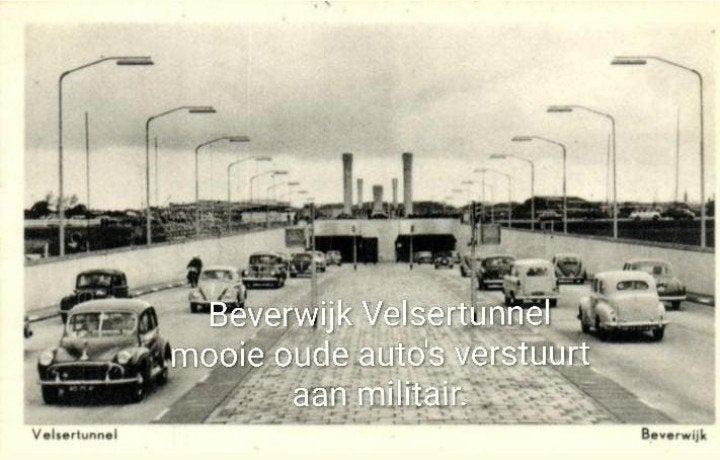 Beverwijk Velsertunnel + oldtimers verstuurt aan militair, Verzenden, 1940 tot 1960, Gelopen, Noord-Holland