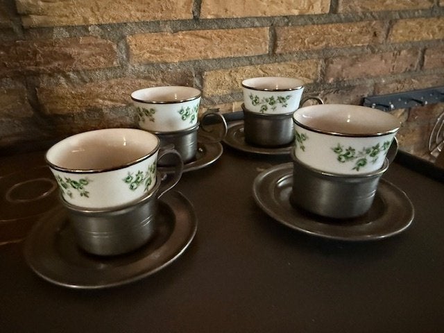 Set van 4 vintage tinnen theekopjes met bloemmotief, Antiek en Kunst, Ophalen of Verzenden