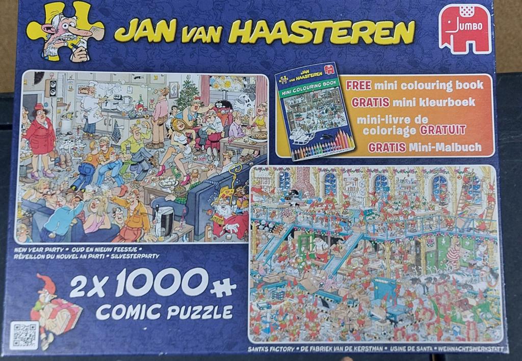 Jan van Haasteren 2x1000 stukjes + mini kleurboek, Ophalen of Verzenden, 500 t/m 1500 stukjes, Zo goed als nieuw, Legpuzzel
