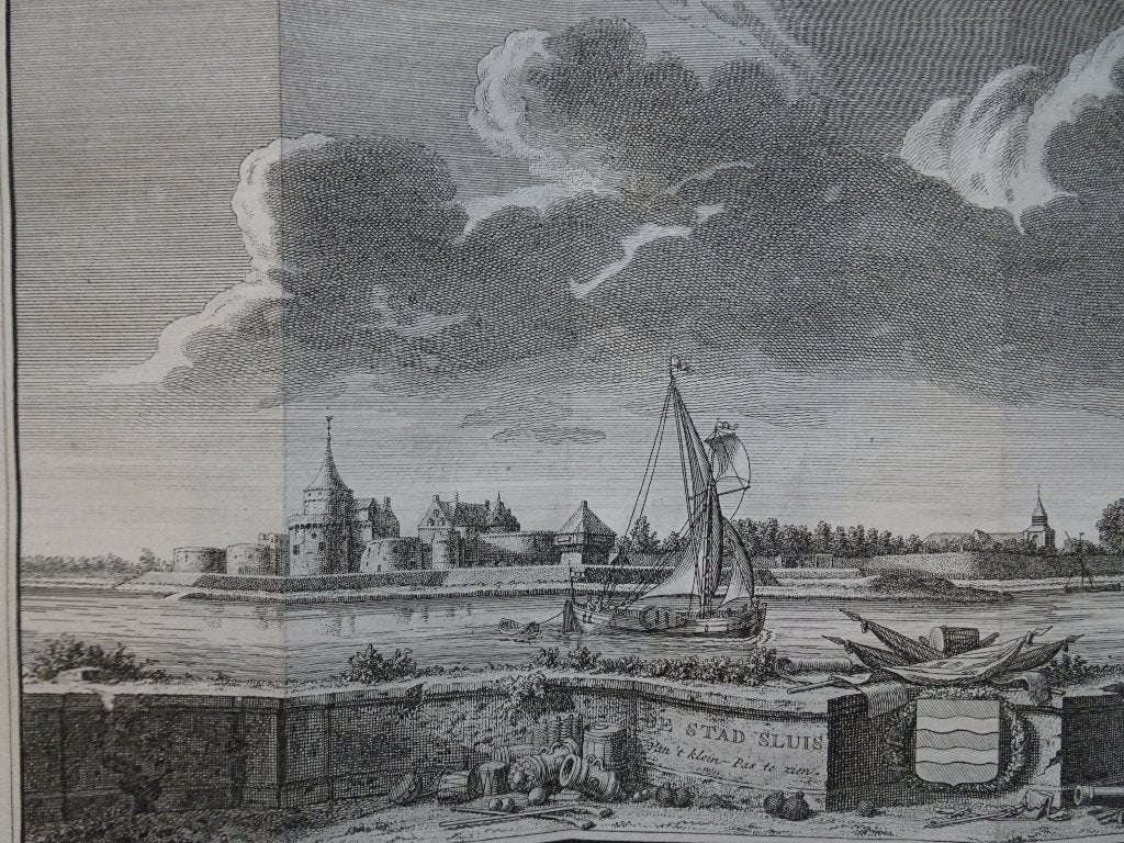 gravure Stad Sluis Zeeuws Vlaanderen Zeeland JC Philips 1745, Antiek en Kunst, Kunst | Etsen en Gravures, Stadsgezicht, Ophalen of Verzenden