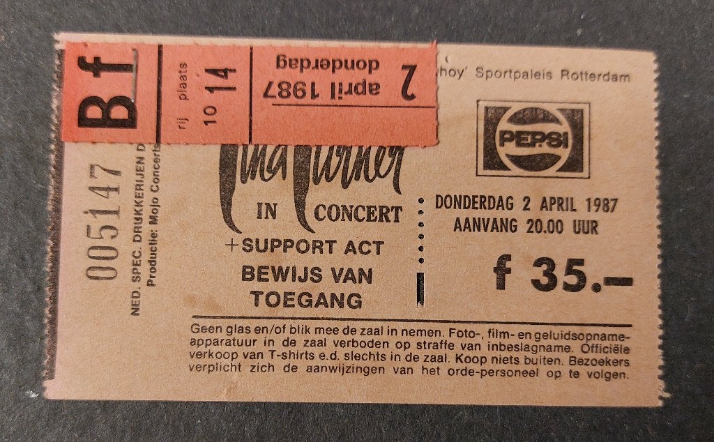 Tina Turner TICKET CONCERTKAARTJE 1987 Ahoy Rotterdam, Verzamelen, Gebruikt, Verzenden, Tina Turner, NvT