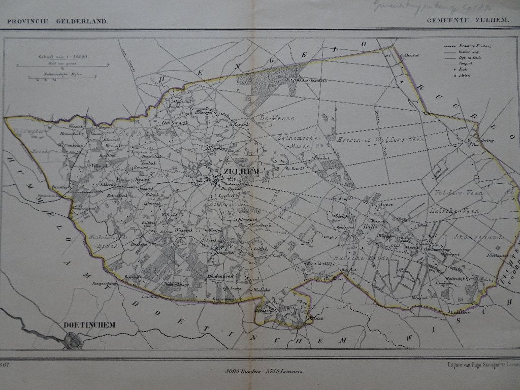 Litho kaart gemeente Zelhem, Gelderland, Kuyper, 1867, Antiek en Kunst, Origineel, Ophalen of Verzenden, Kaarten en plattegronden