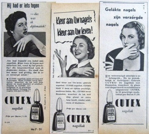 11 vintage reclames gezichtproducten en nagellak 1953-58, Ophalen of Verzenden, Gebruikt, Overige typen