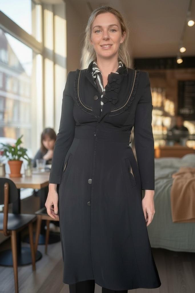 Vintage-Inspired Avant-Garde Ruffle Accent Midi Coat Dress, Maat 38/40 (M), Zwart, Ophalen of Verzenden, Gedragen