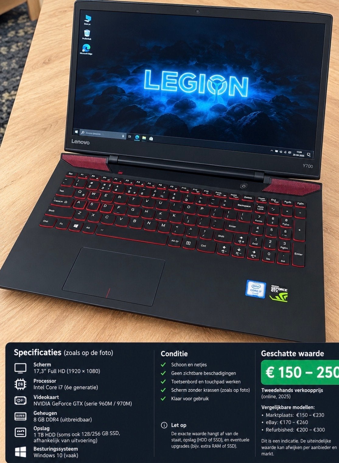 Lenovo Legion Y700 Gaming Laptop - i7, 8GB RAM, 1TB HDD, Computers en Software, Ophalen, Qwerty, 8 GB, Zo goed als nieuw
