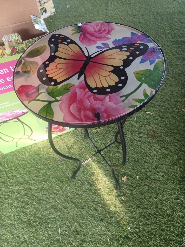 planten tafeltje glas met vlinder motief kan binnen / buiten, Huis en Inrichting, Tafels | Bijzettafels, Minder dan 55 cm, Rond