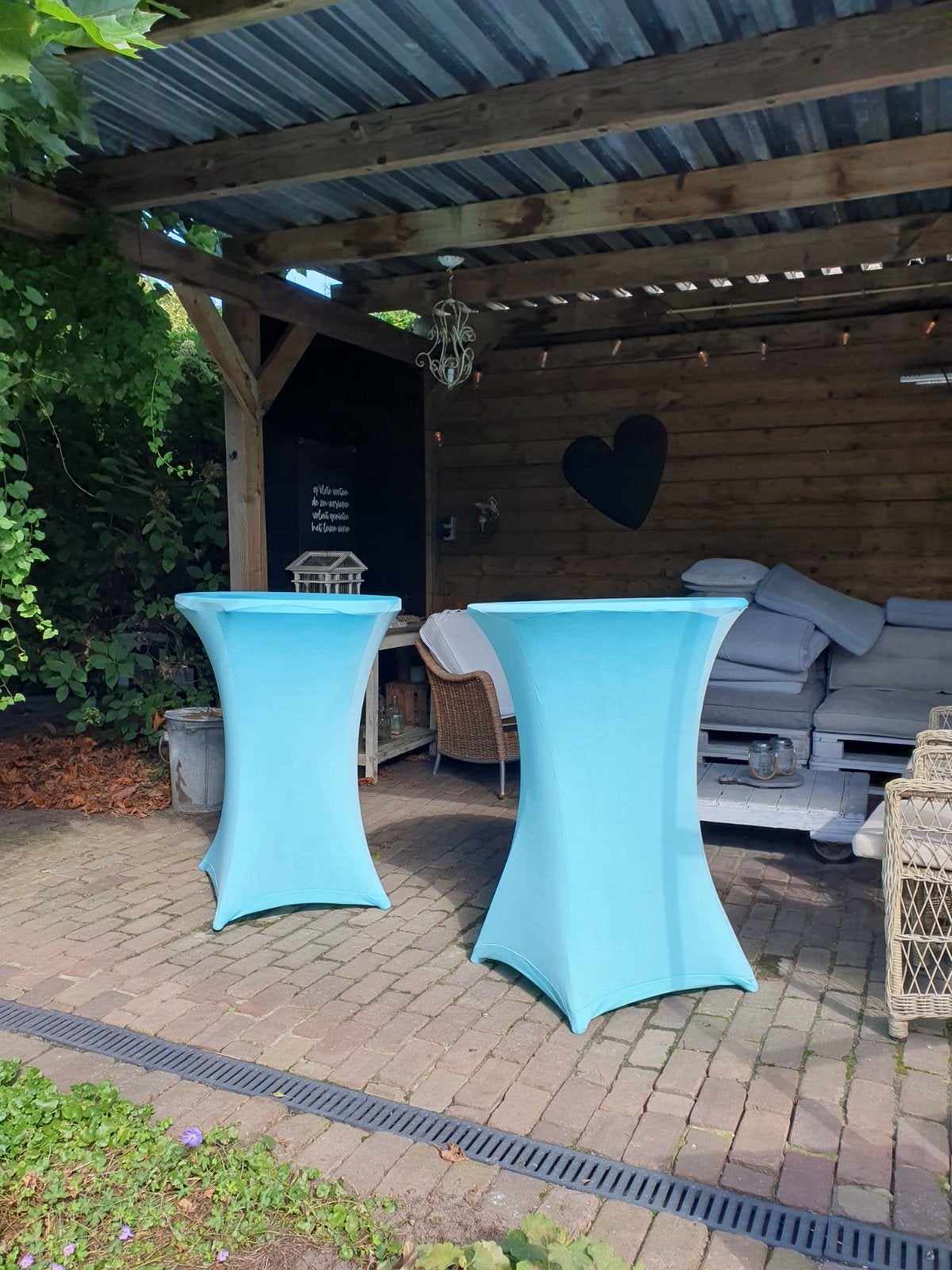2 Statafels - Wit en Antraciet - met lichtblauwe hoezen, Ophalen, Gebruikt