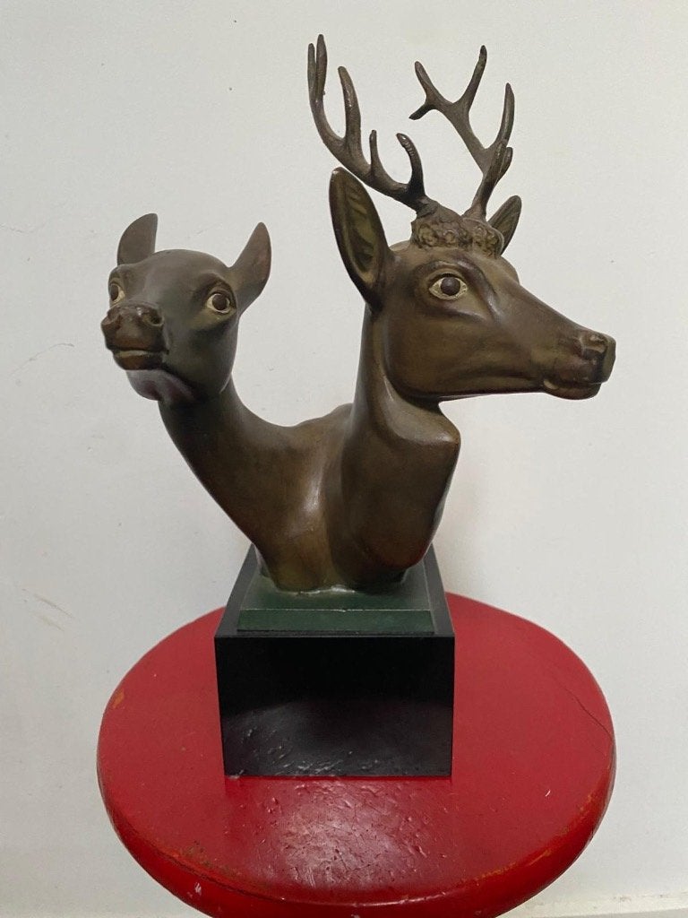 Art deco buste- hert en hinde spelter zwarte marmeren sokkel, Antiek en Kunst, Overige typen, Handgemaakt, Art deco, Ophalen of Verzenden