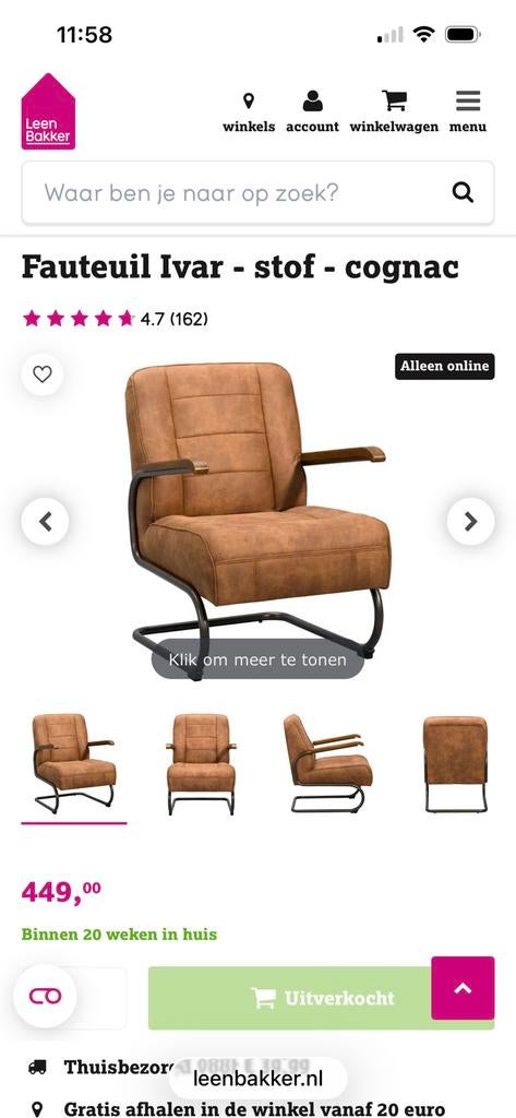 Fauteuil Ivar Cognac Leen Bakker, Ophalen, 75 tot 100 cm, Zo goed als nieuw, Stof