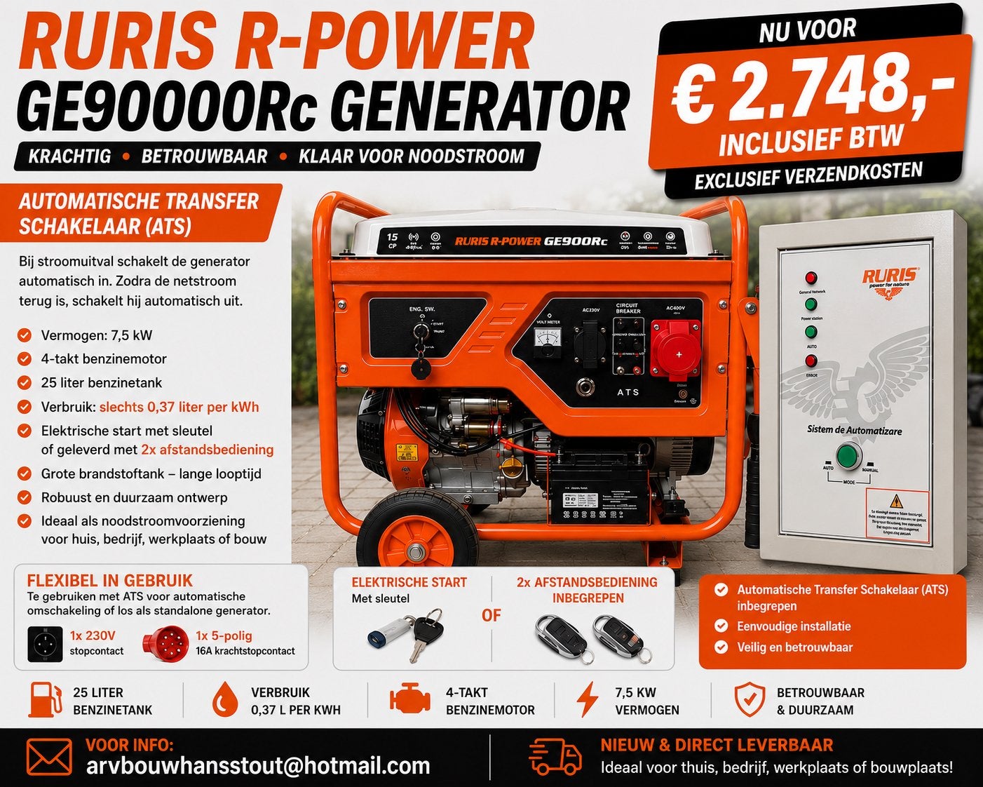 RURIS R-POWER GE90000Rc Generator met ATS, Elektrisch startend, Benzine, Nieuw, Ophalen of Verzenden