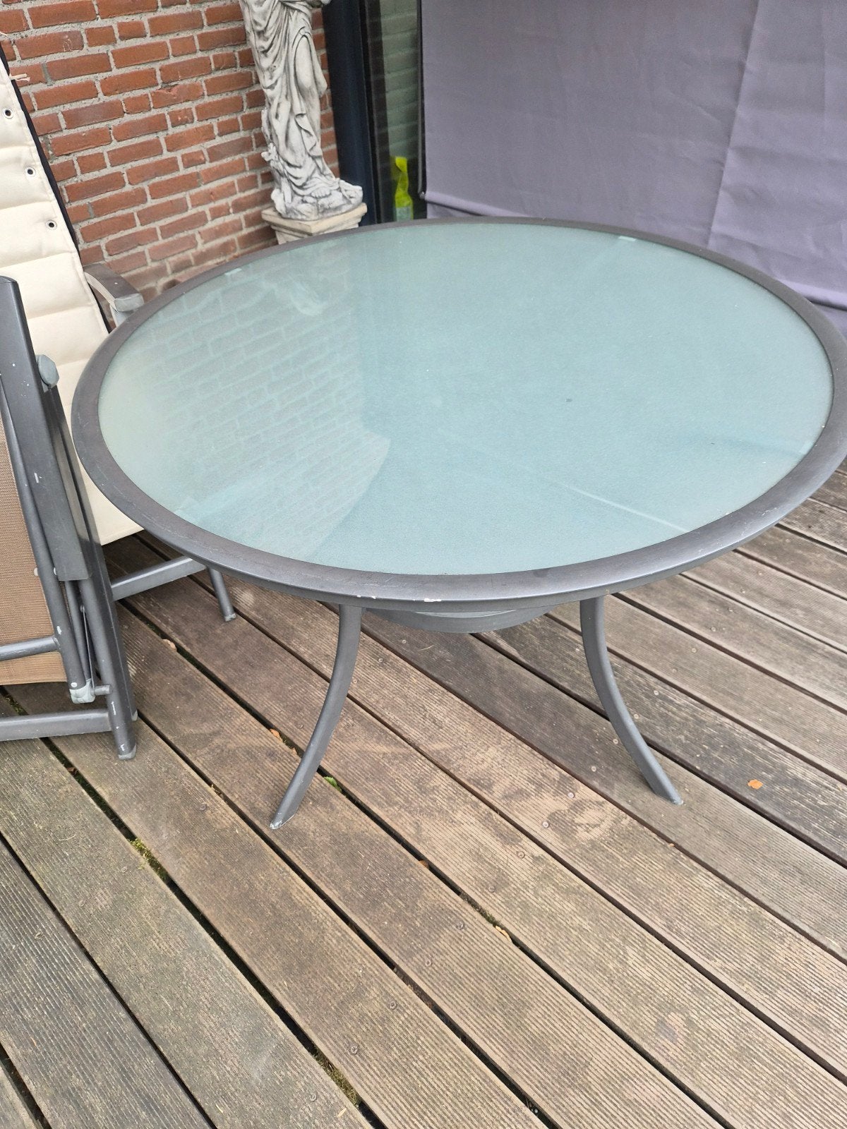 Glazen tuintafel met 6 aluminium stoelen en kussens, Ophalen, Gebruikt, 6 zitplaatsen, Aluminium