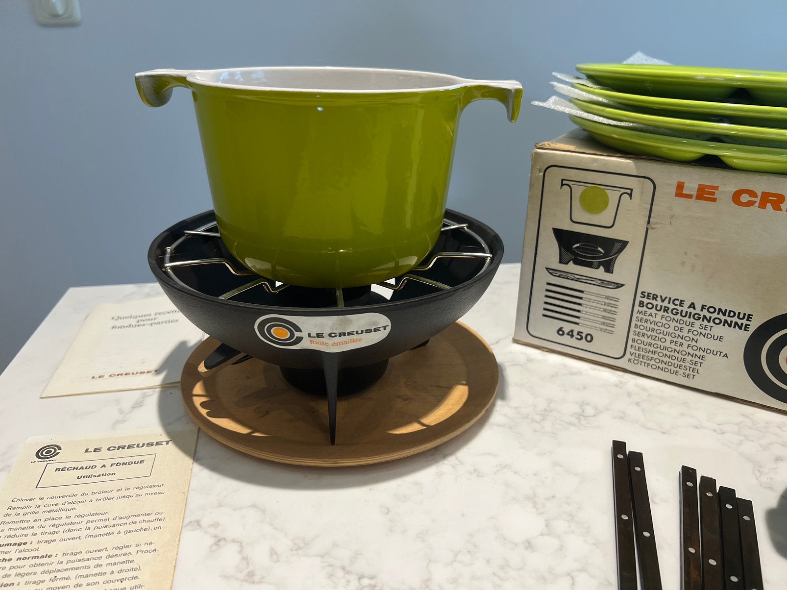 fondue Le Creuset mint groen in de doos + extra set, Gietijzer, Overige typen, Le Creuset, Ophalen of Verzenden