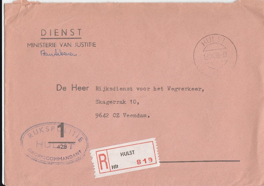 HULST 1978 Dienst Ministerie JUSTITIE Rijkspolitie groepscom, Verzamelen, Verzenden, Voor 1920, Gelopen, Zeeland