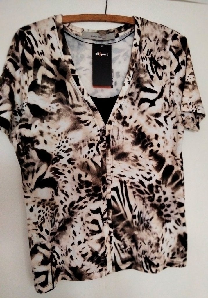 Nieuw shirt Zara M zwart wit beige, Meerkleurig, Zara, Maat 42/44 (L), Nieuw