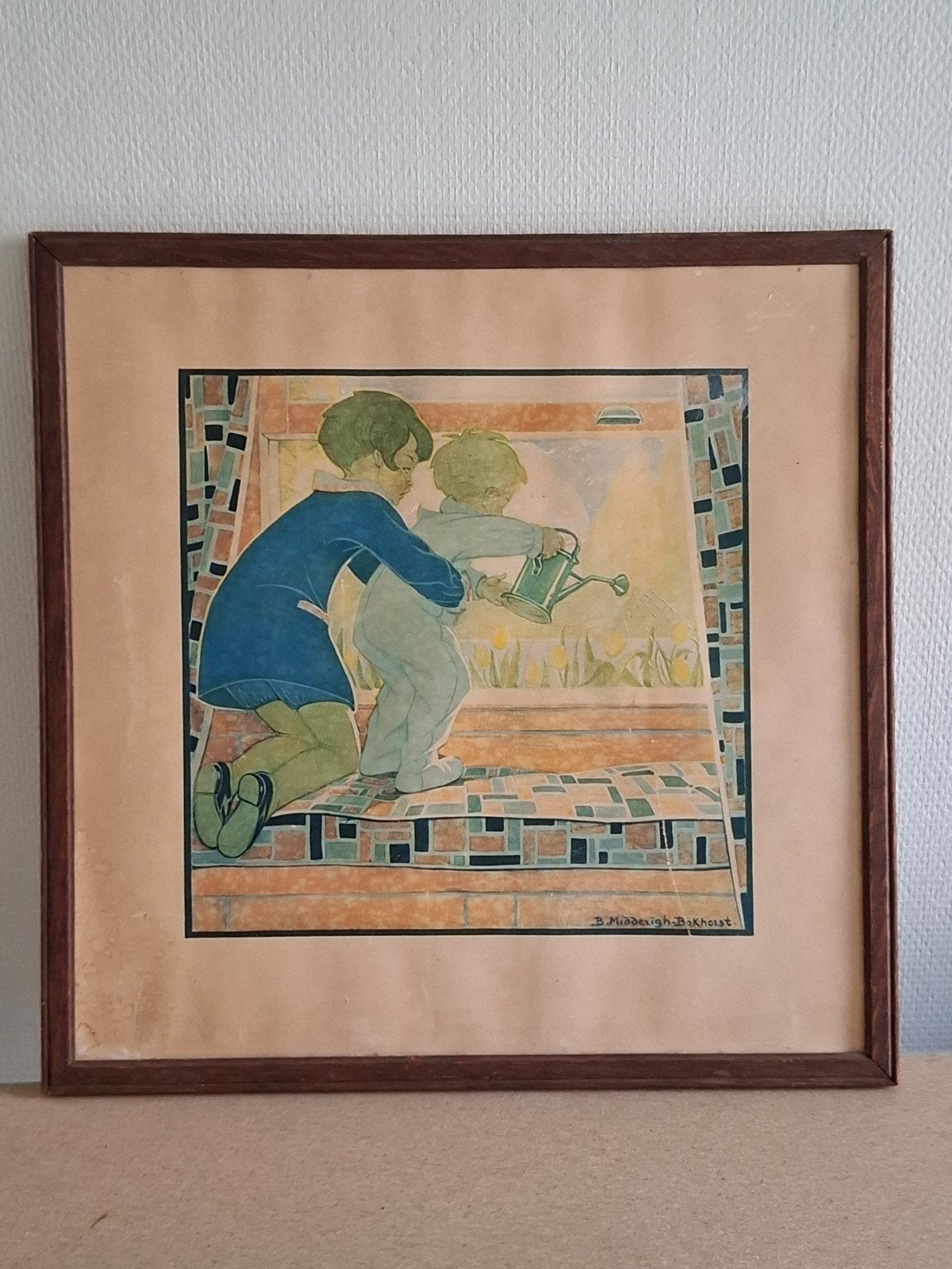 Vintage ingelijste prent van B. Midderigh-Bokhorst, Ophalen of Verzenden, Prent, Gesigneerd