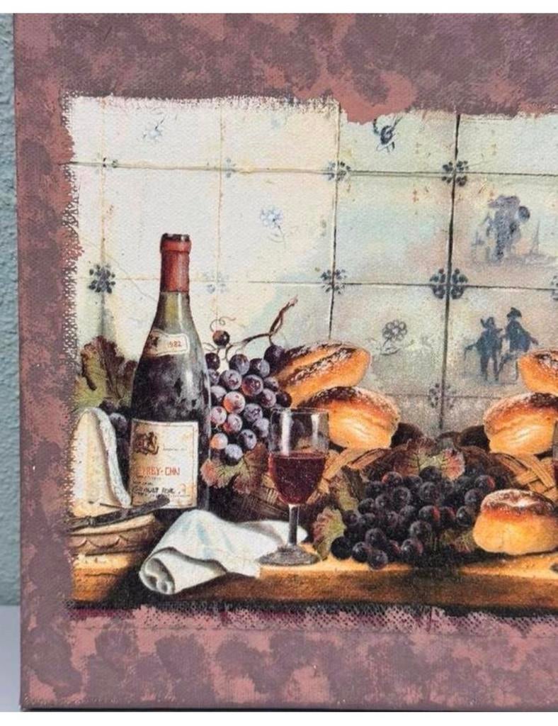 Klassiek Schilderij canvas Delfts blauwe tegels brood wijn, Antiek en Kunst, Kunst | Schilderijen | Klassiek, Ophalen of Verzenden