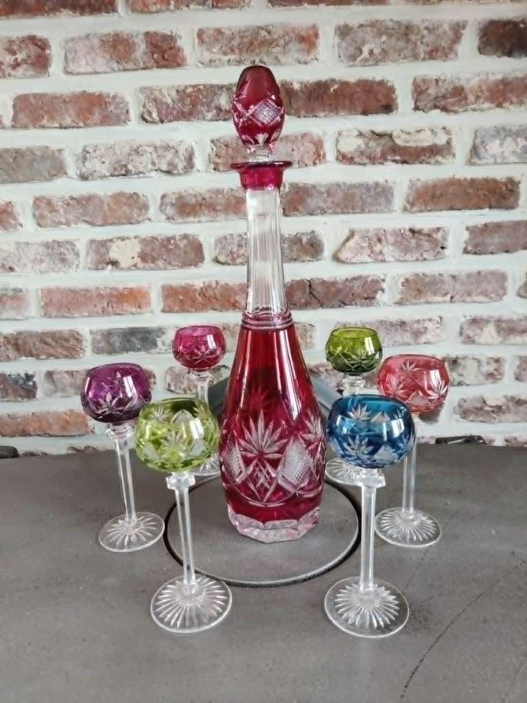 Antieke vintage Val Saint Lambert karaf met 6 borrelglaasjes, Ophalen of Verzenden