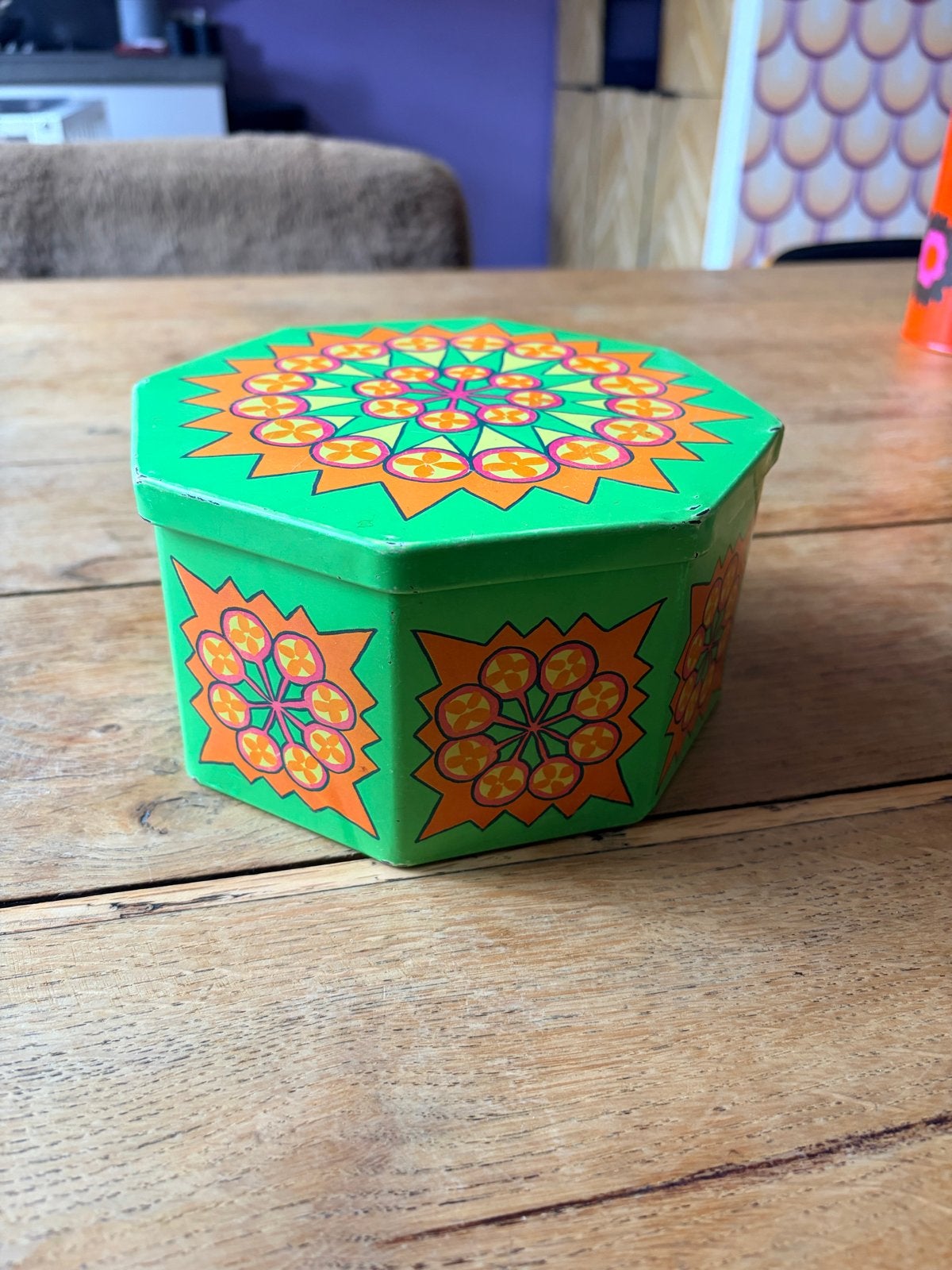 Vintage retro IRA Denmark koektrommel - Groen Oranje Bloemen, Ophalen of Verzenden
